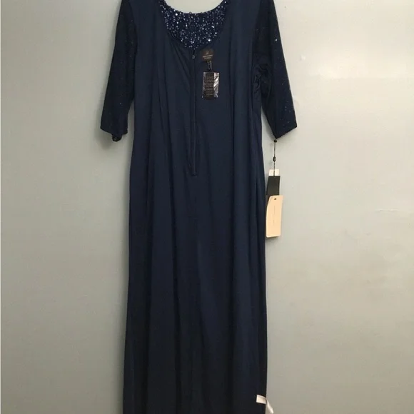 ADRIANNA PAPELL Blue and Silver Embellished Gown with Scoop Neckline - Picture 5 of 16